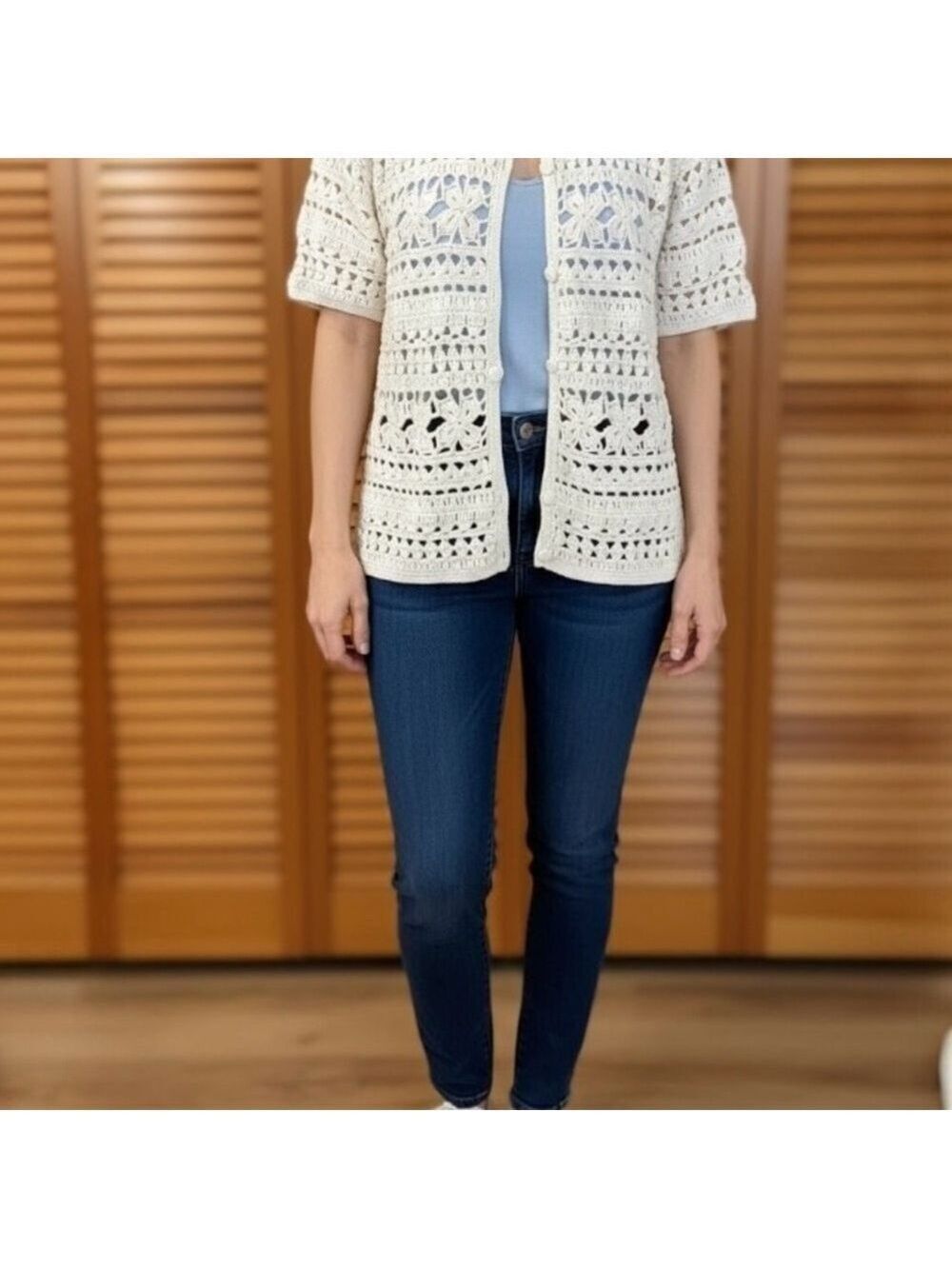 Portraits by Northern Isles Hand Knitted Sweater, Size M, White, Short Sleeves